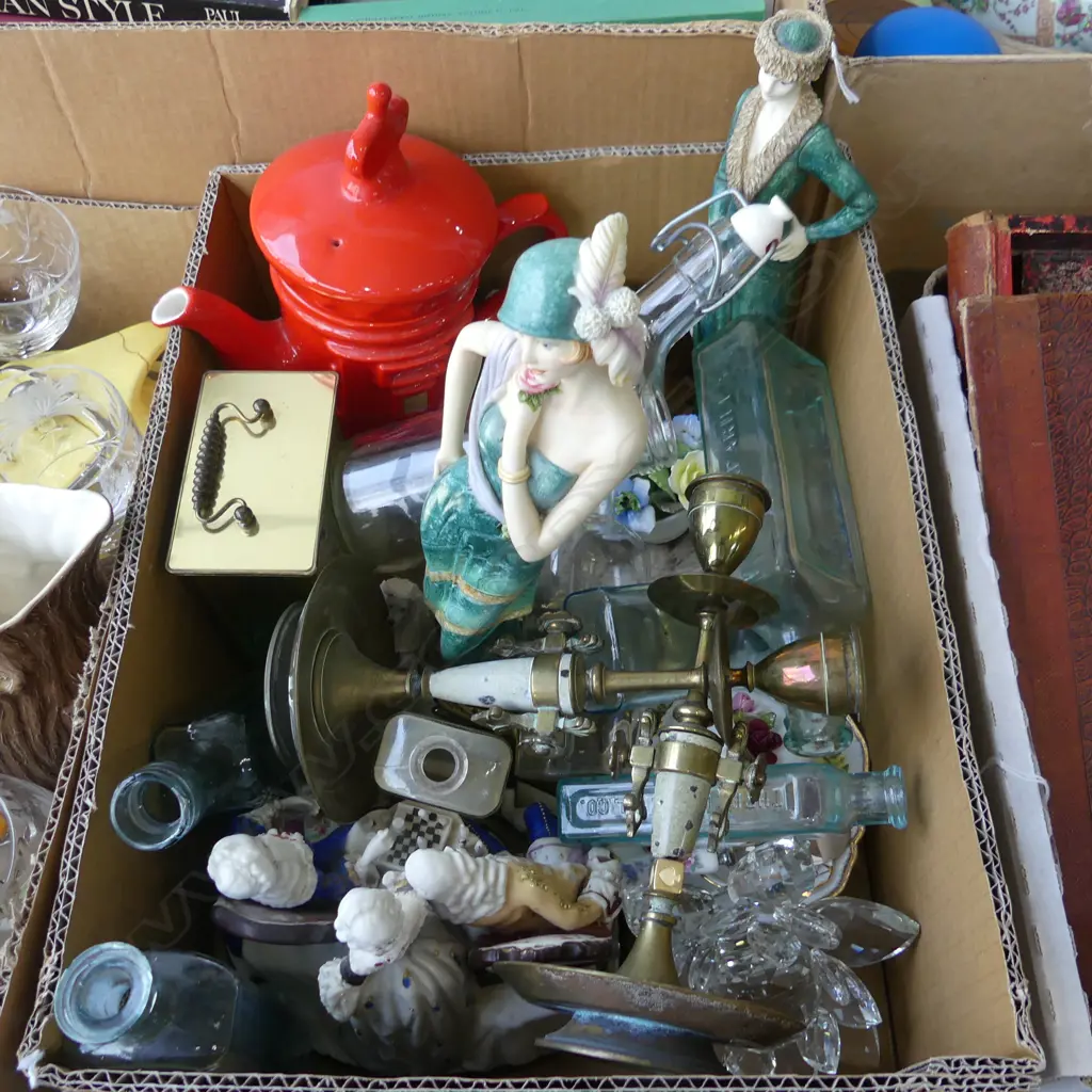 ASST. ITEMS; 2 DECO STYLE RESIN FIGURINES, CARRIAGE CLOCK, BOTTLES ETC Image 1++