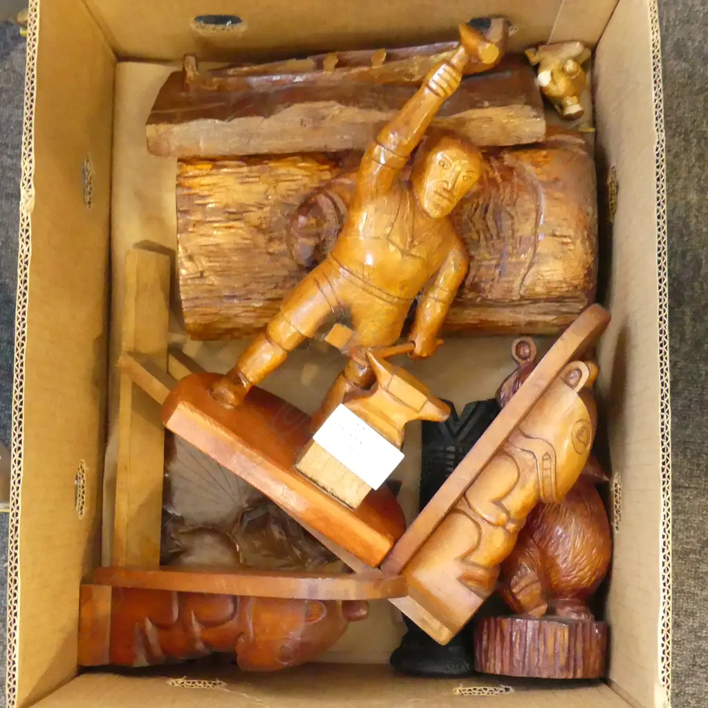 7 INUIT WOODEN ARTIFACTS (5 SCULPTURES, 1 PLATE AND 1 BOOK END), TALLEST 330MM  Image 1++
