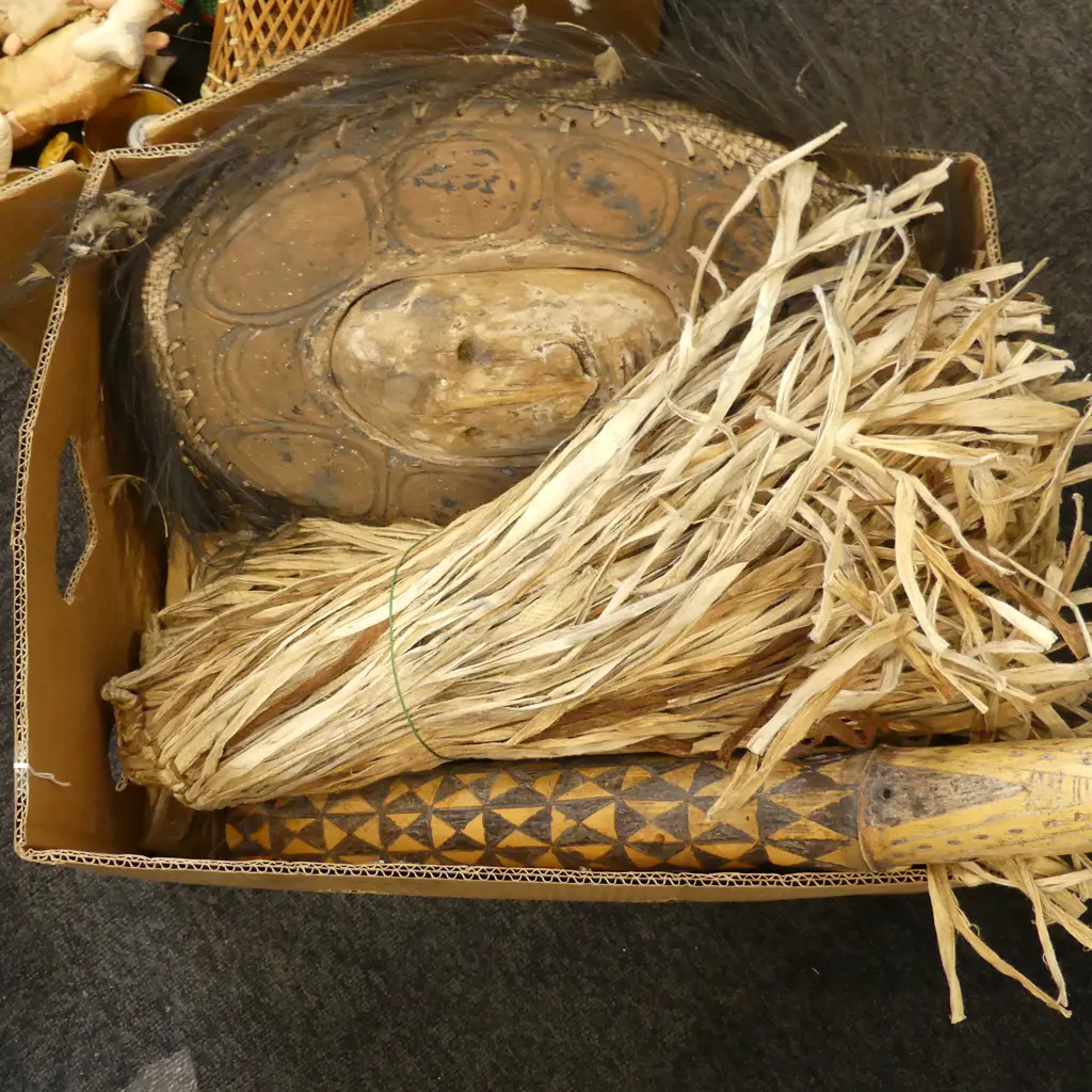 BOX OF TRIBAL ITEMS: 2 PNG MASKS + 2 FIBRE ITEMS + BAMBOO decorated length  Image 1++