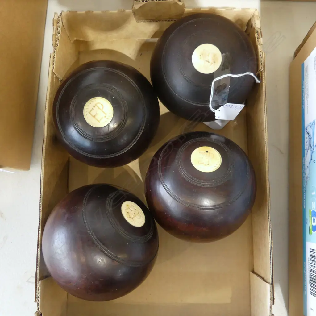 SET OF 4 ANTIQUE LIGNUM  VITAE WITH IVORY INSERTS BOWLING BALLS THOMAS TAYLOR GLASGOW SCOTLAND Image 1++