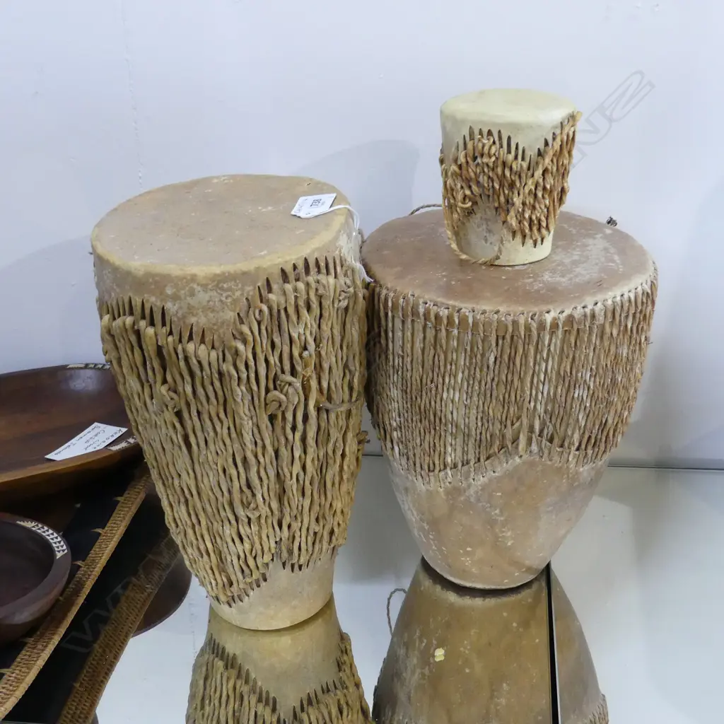 GROUP OF 3 SKIN COVERED HAND DRUMS TALLEST 300MM Image 1++