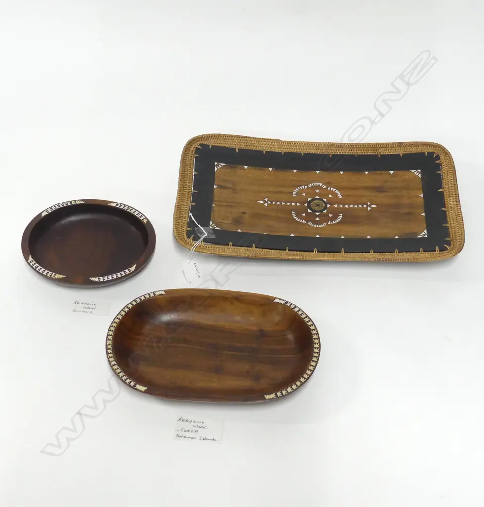 3 SOLOMAN ISLAND MOP INLAID WOOD PLATTERS LONGEST440MM Image 1++