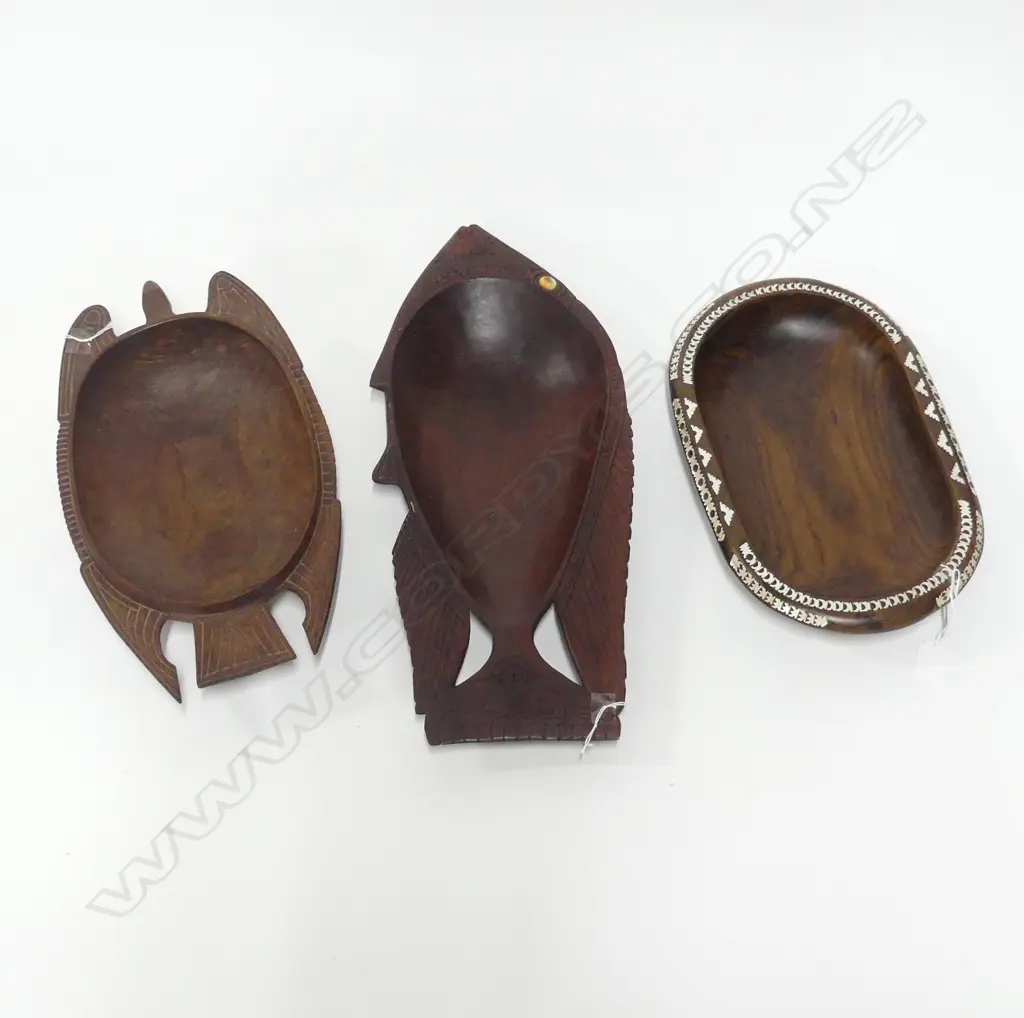 3 PACIFIC ISLAND WOOD FOOD BOWLS FISH L500MM BIRD L380MM MOP INLAID L360MM Image 1++