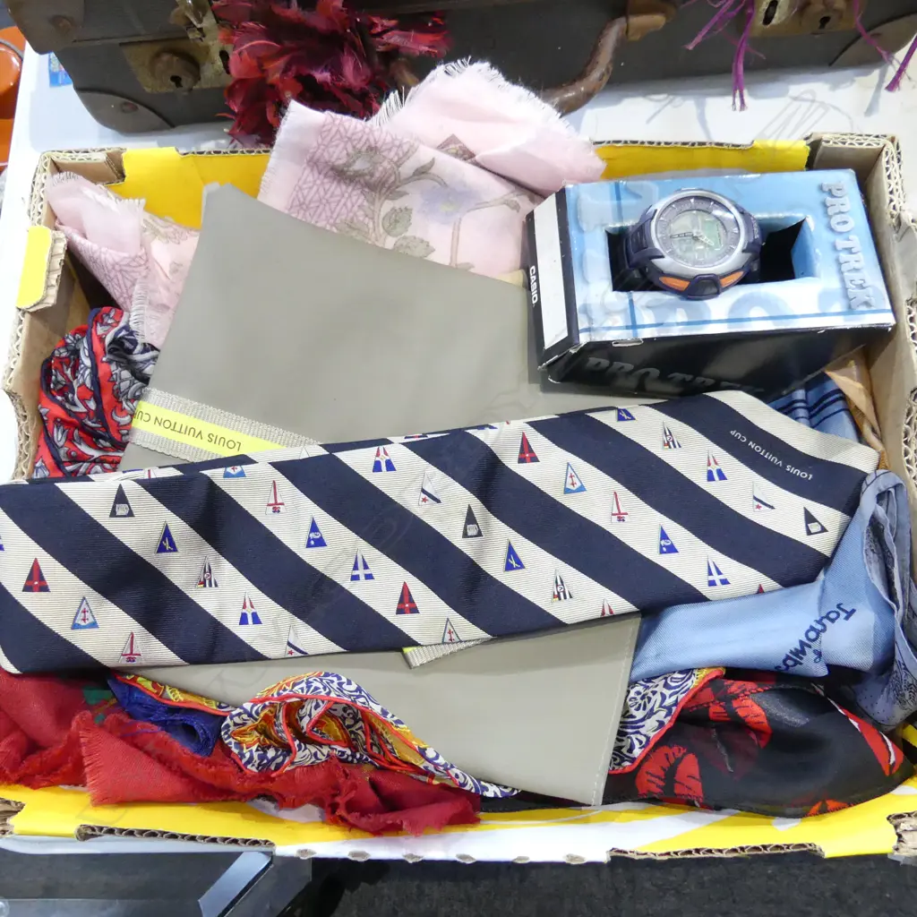 ASST. SCARVES + LOUIS VUITTON CUP BAG & TIE, PROTECT WRIST WATCH Image 1++
