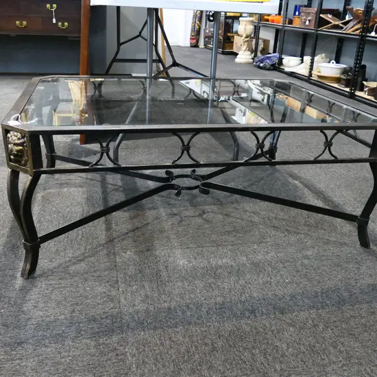 COFFEE TABLE; GLASS TOP, BLACK METAL FRAME 1120x810x425mm