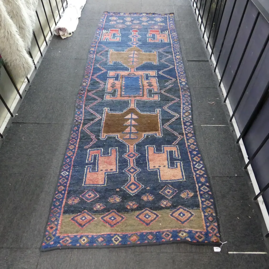 HAND KNOTTED ALL WOOL RUNNER, DARK BLUE GROUND 3200x1000mm Image 1++