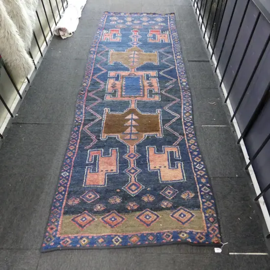 HAND KNOTTED ALL WOOL RUNNER, DARK BLUE GROUND 3200x1000mm
