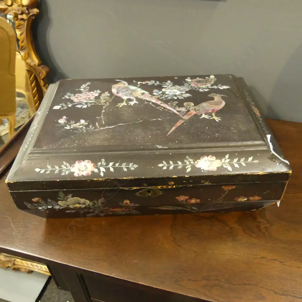ANTIQUE ORIENTAL BLACK LACQUER SEWING BOX w. MoP INLAY W.390mm Image 1++