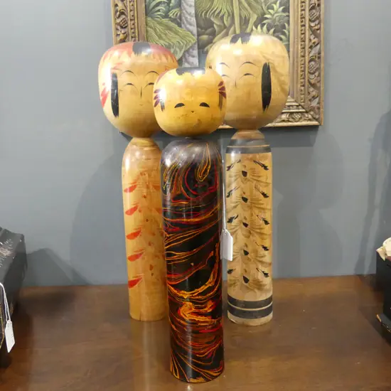 3 VINTAGE JAPANESE WOODEN DOLLS H.420mm