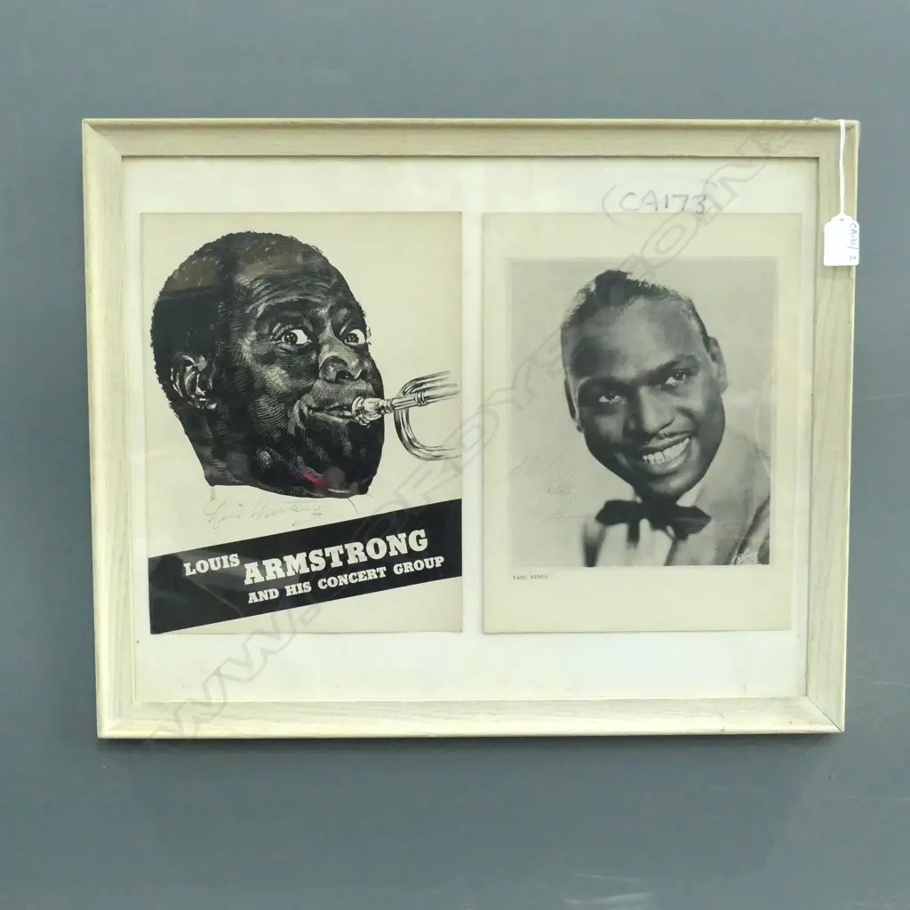 SIGNED FRAMED POSTERS; LOUIS ARMSTRONG & EARL HINES 300x225mm Image 1++