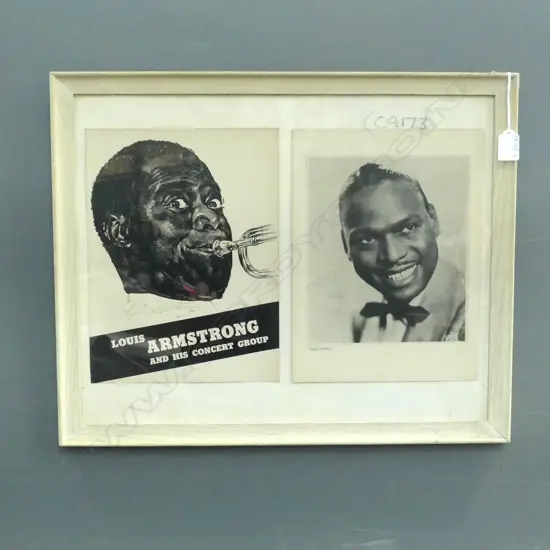 SIGNED FRAMED POSTERS; LOUIS ARMSTRONG & EARL HINES 300x225mm