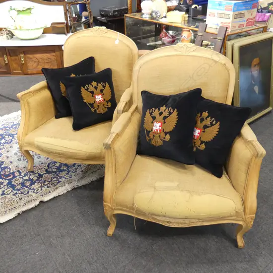 PR FRENCH STYLE ARMCHAIRS - CANVAS UPHOLSTERY WORN 
