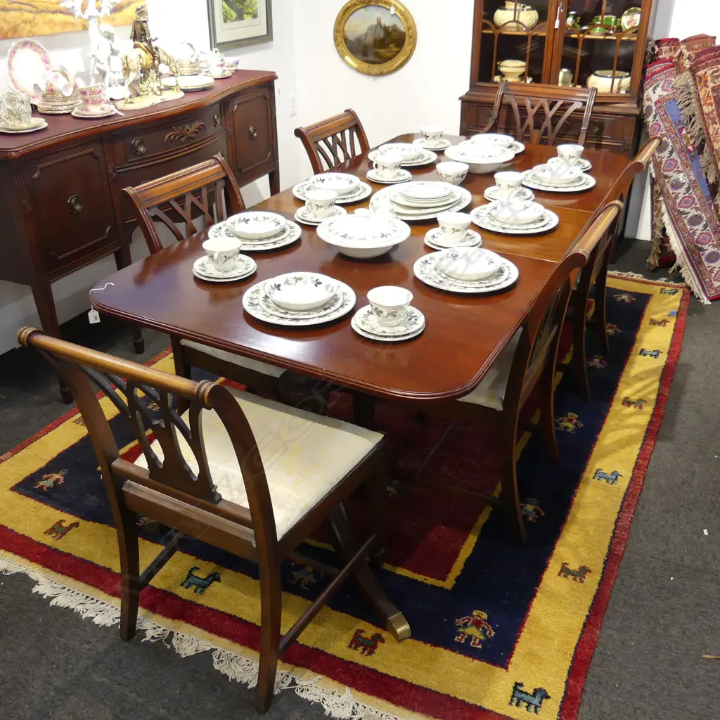 REGENCY STYLE DOUBLE PEDESTAL DINING TABLE & 6 CHAIRS (2 CARVERS) Image 1++