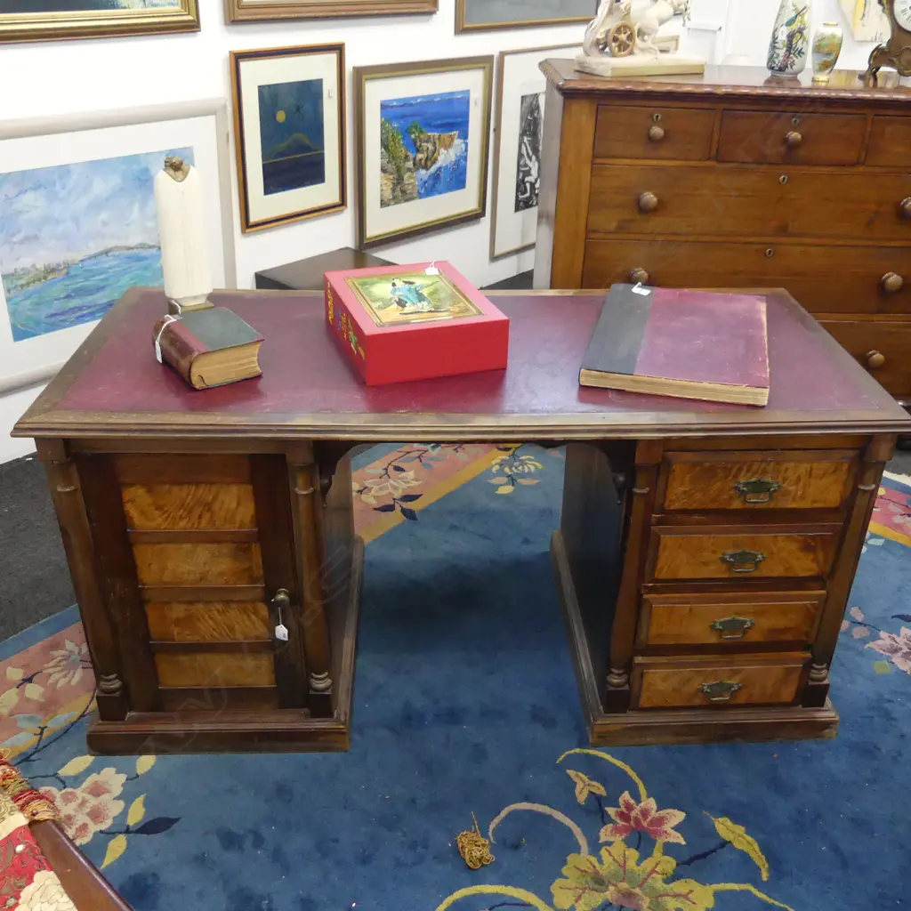 EDWARDIAN KAURI LEATHER TOPPED OFFICE DESK  L1450 MOTTLED DRAWERS Image 1++