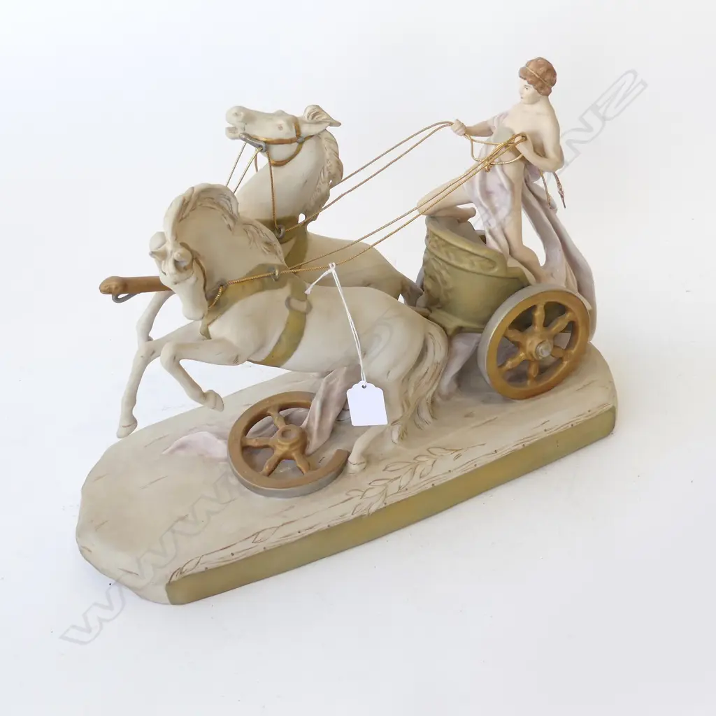 LGE ROYAL DUX FIGURE GROUP young man in chariot pulled by two rearing horses L.415mm. Image 1++