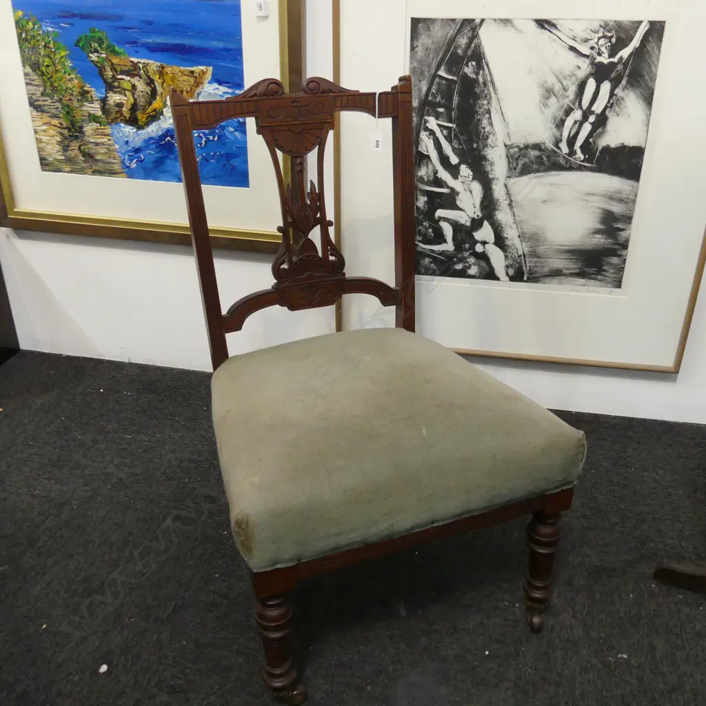CARVED BACKED MAHOGANY CHAIR GREEN VELVET SEAT Image 1++
