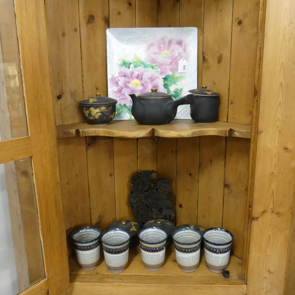 6 PCE JAPANESE TEA SET, 5 CUPS, PRINTING BLOCK, ENAMELLED PLATE 240x240mm Image 1++