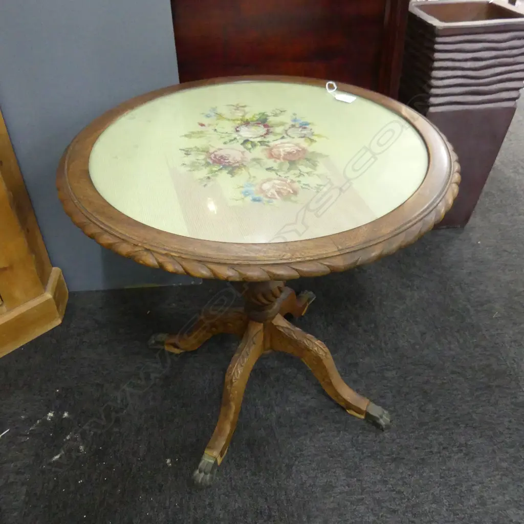 TAPESTRY TOPPED MAHOGANY WINE TABLE 610 x 560mm Image 1++