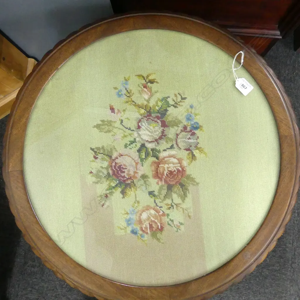 TAPESTRY TOPPED MAHOGANY WINE TABLE 610 x 560mm Image 1++