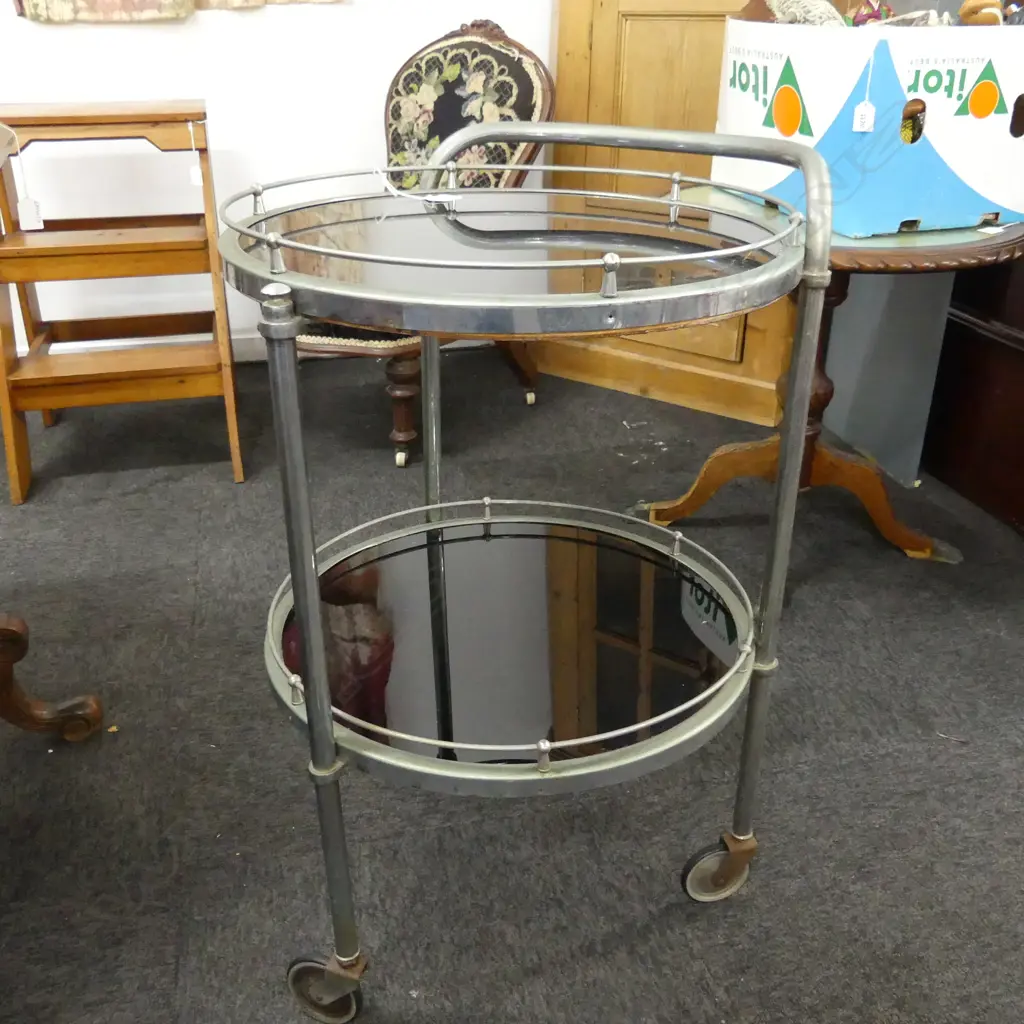 ART DECO BLACK GLASS & CROME DRINKS TROLLY H730 DIA450MM Image 1++
