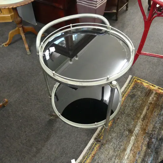 ART DECO BLACK GLASS & CROME DRINKS TROLLY H730 DIA450MM