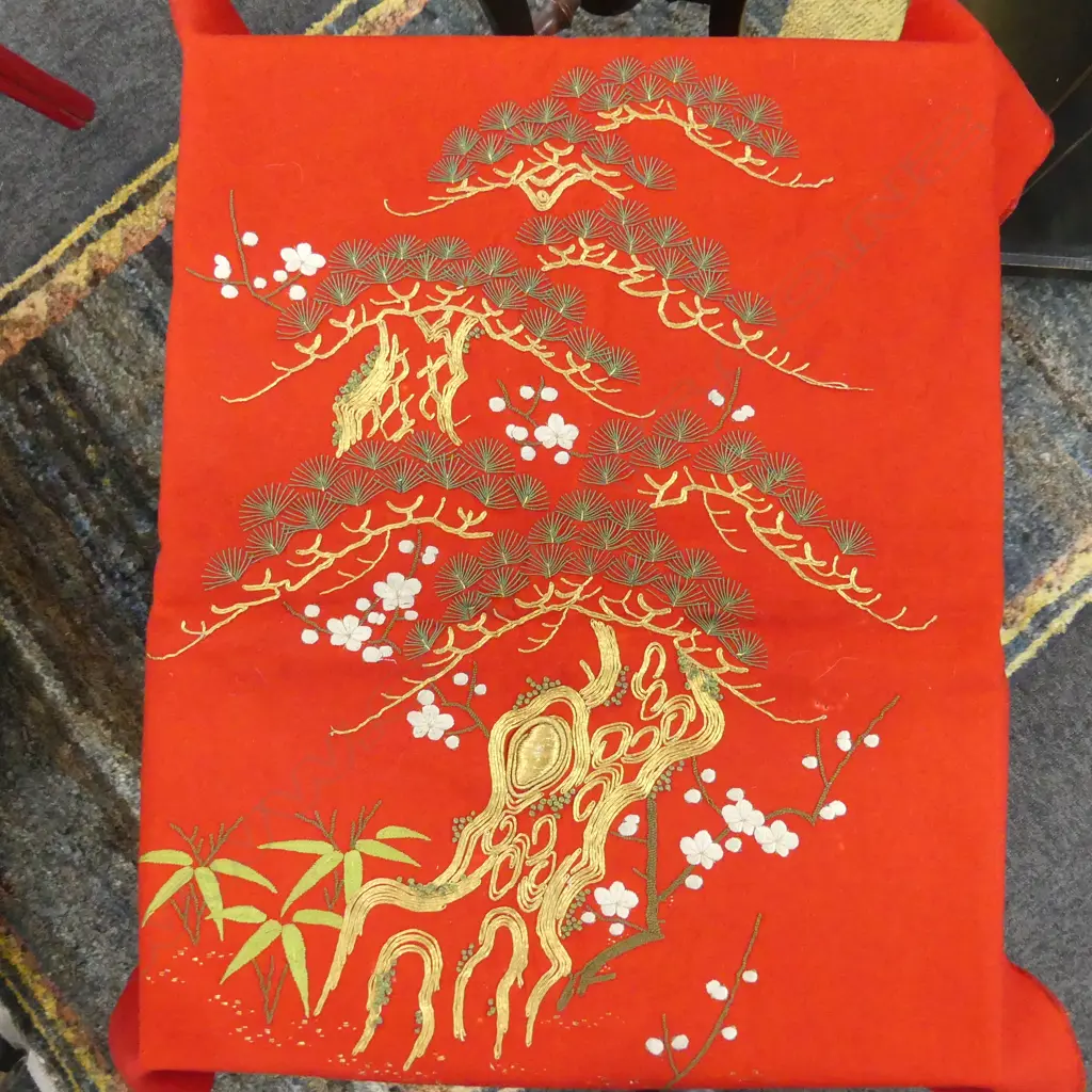 ORIENTAL EMBROIDERED PANEL; TREE ON RED GROUND 700x600mm Image 1++