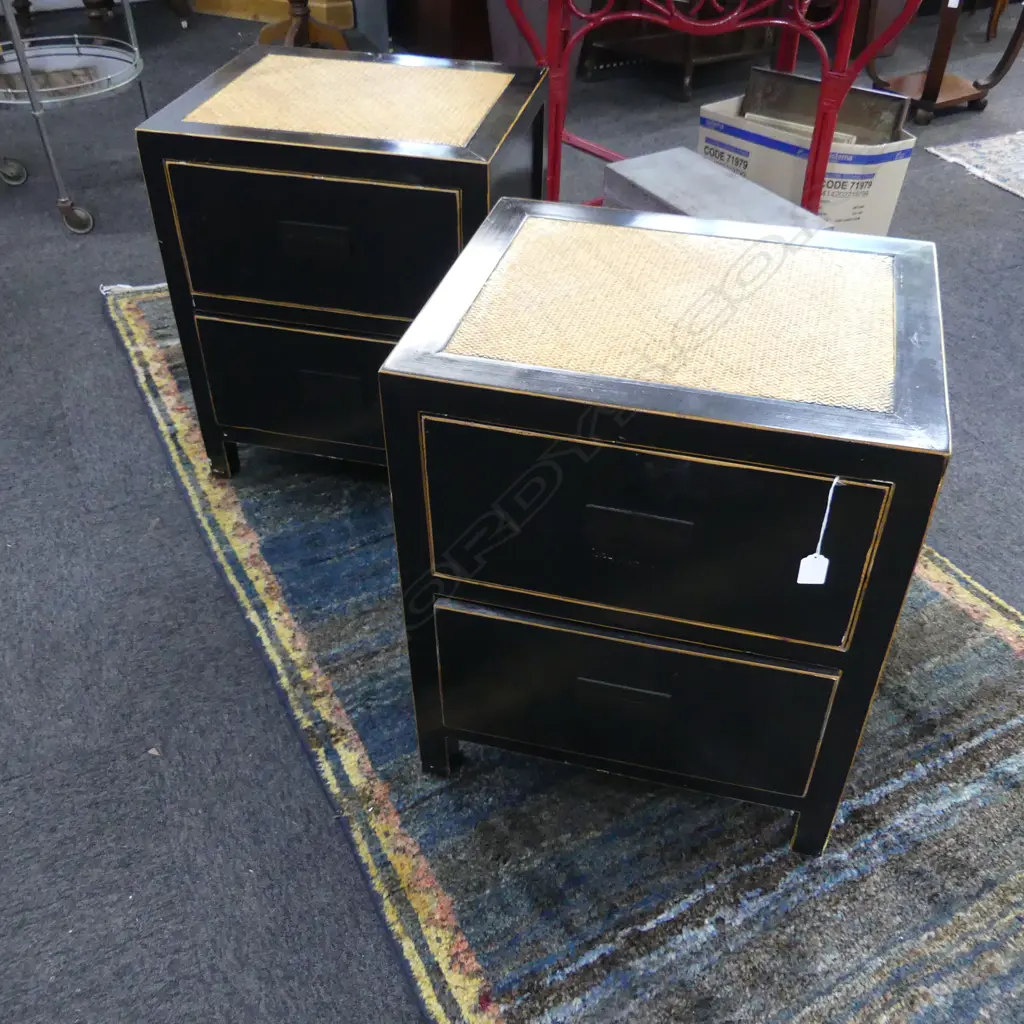 PAIR OF ORIENTAL BEDSIDE 2 DRAWER BEDSIDE CABINETS H 610 MM Image 1++