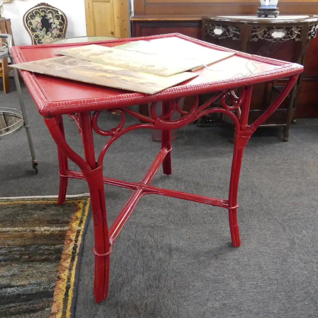 RED PAINTED CANED TABLE 760x760x740mm Image 1++