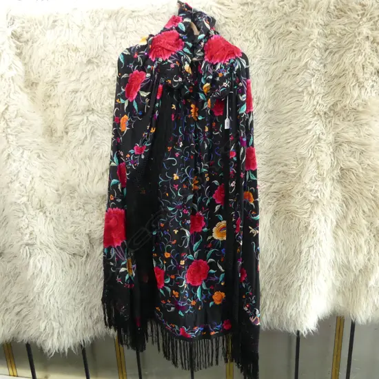 VINTAGE EMBROIDERED CANTON SHAWL MADE INTO A CAPE - EXCELLENT CONDITION