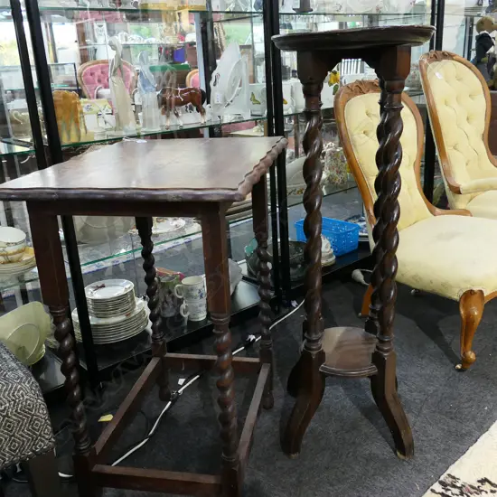 OAK BARLEYTWIST SIDE TABLE 610x450x765mm & PLANT STAND H.995mm.