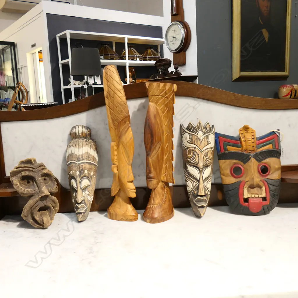 ESKIMO MASKS (3 WOODEN & 1 POTTERY,TALLEST 280MM) & 2 WOODEN SCULPTURES, 460MM Image 1++