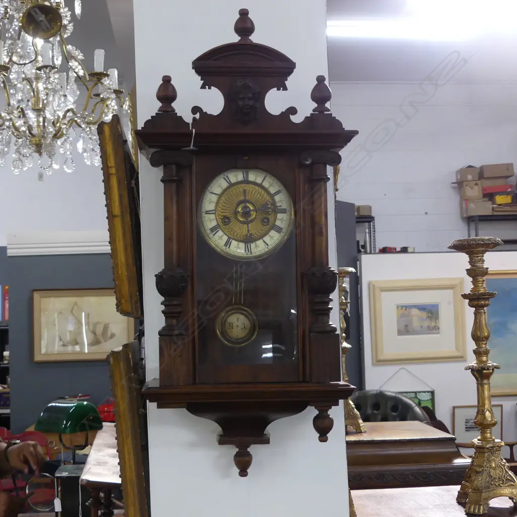 LATE-VICTORIAN REGULATOR WALL CLOCK,  DECORATED WITH CLASSICAL THEMES, ATTACHED LINTEL WITH CARVED FEMALE MASK, H.510mm Image 1++