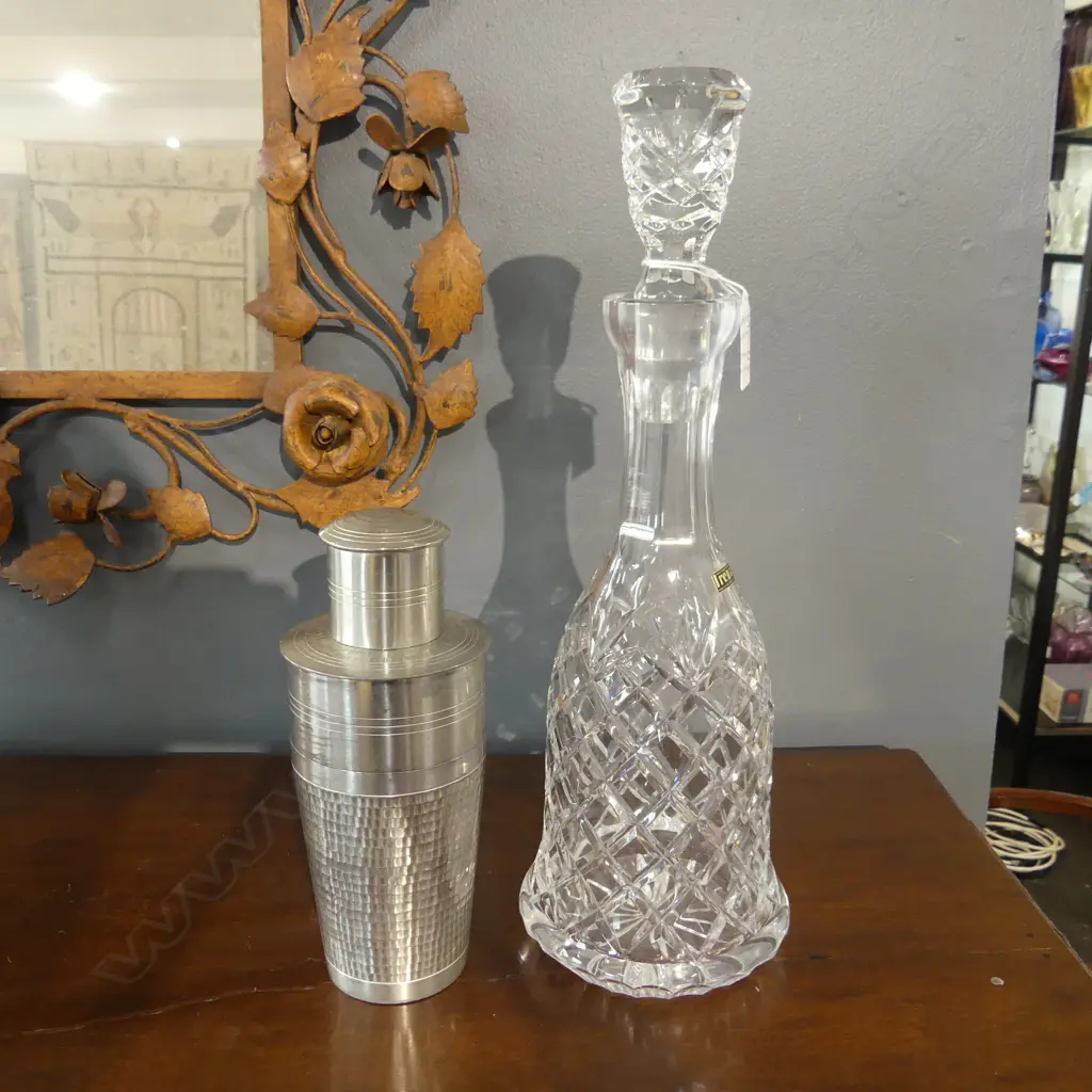 IRENA CRYSTAL DECANTER H.360mm + PEWTER COCKTAIL SHAKER Image 1++