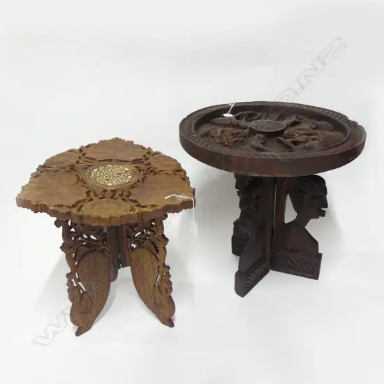 2 CARVED WOOD PLANT STANDS H440MM TALLEST