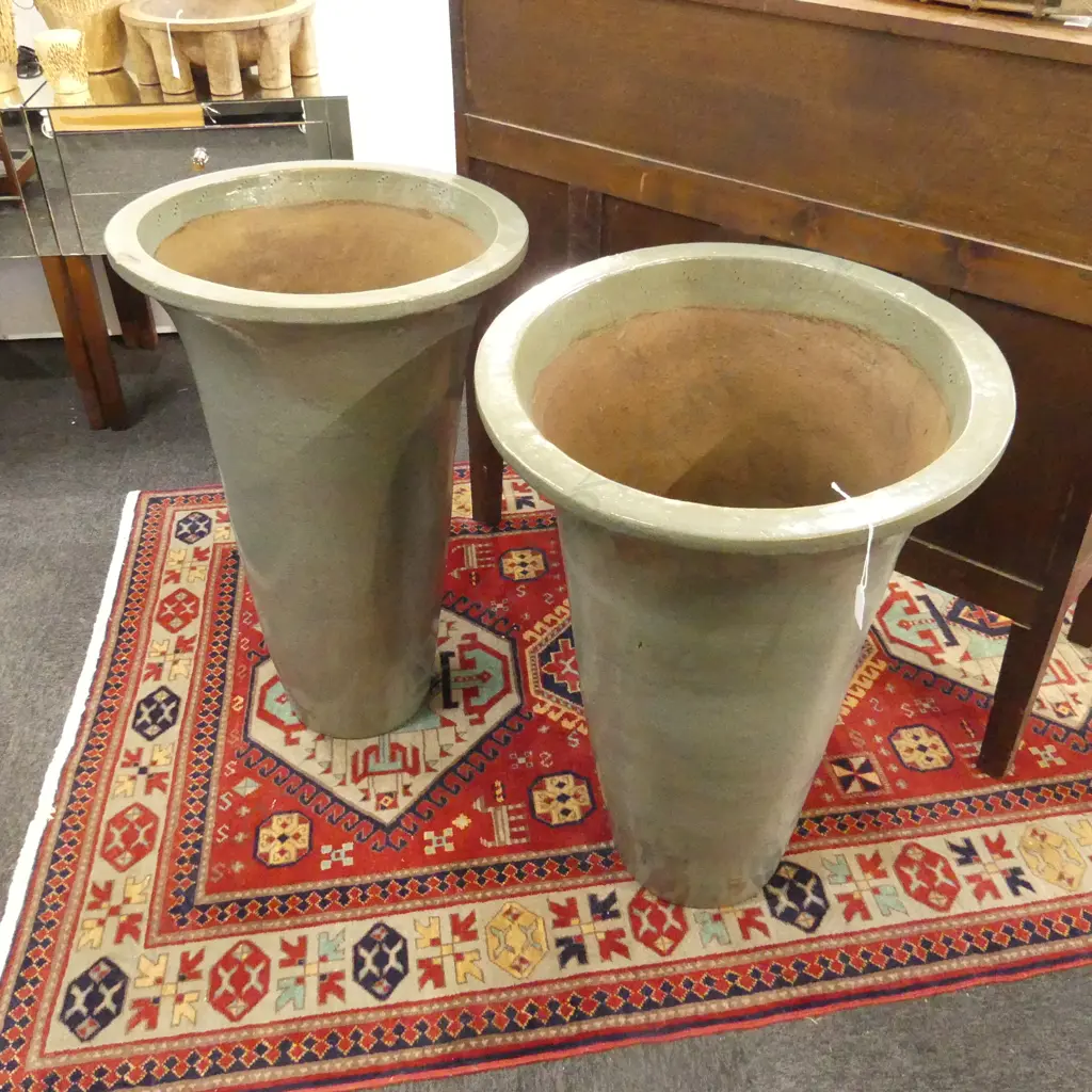 PR SAGE GREEN GARDEN POTS H.790mm, 515mm dia - 1 w. RIM CHIPPED, OTHER w. RIM WONKY Image 1++