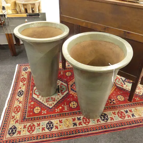 PR SAGE GREEN GARDEN POTS H.790mm, 515mm dia - 1 w. RIM CHIPPED, OTHER w. RIM WONKY