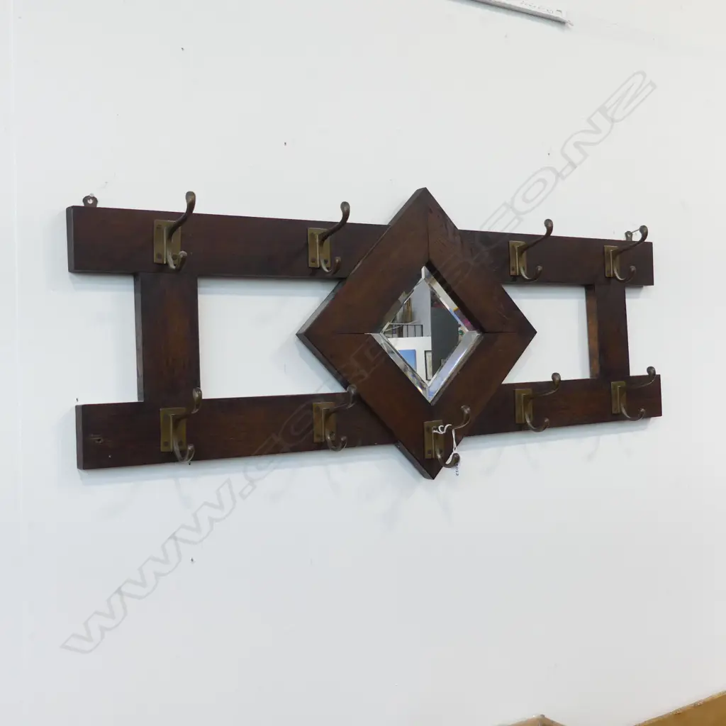 ARTS & CRAFTS OAK COAT RACK w. MIRROR 415x1000mm Image 1++