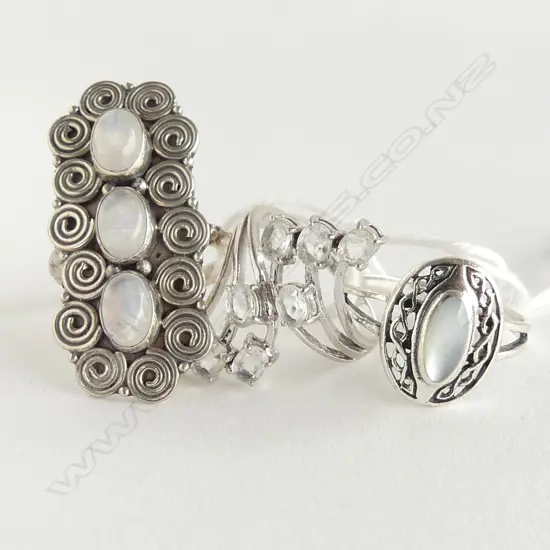 3 RETRO SILVER & MOONSTONE RINGS