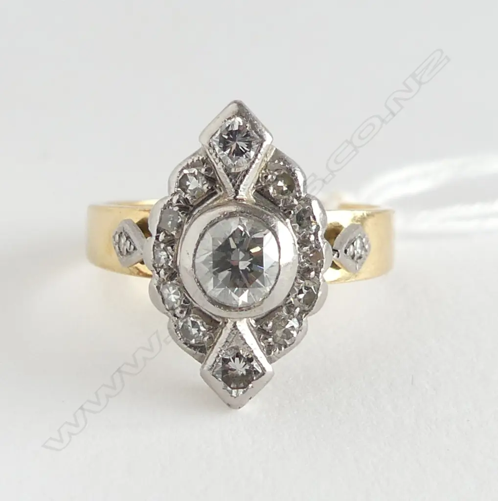 18CT Y&W GOLD DIAMOND MARQUISE SHAPE CLUSTER RING CENTRE DIAMOND APPROX 0.50CT 5.9gms  SIZE L 1/2 Image 1++