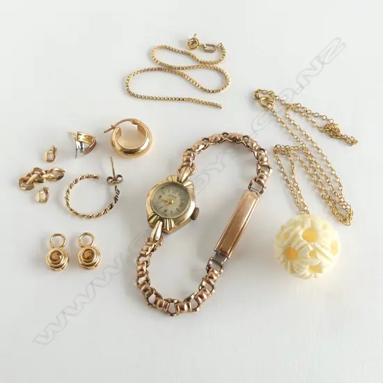 ASST. SCRAP GOLD ETC GOLD ITEMS at least 4.8gms of 9ct but maybe more than this + gold plate watch +ivory ball g/p chain