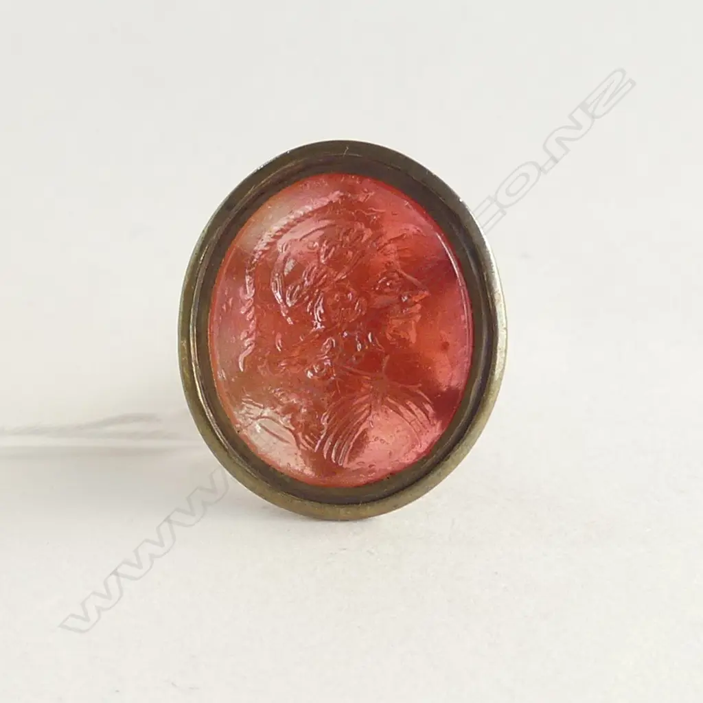 19thC GILT FOB SEAL CARNELIAN PANEL W HELMETED GENT Image 1++