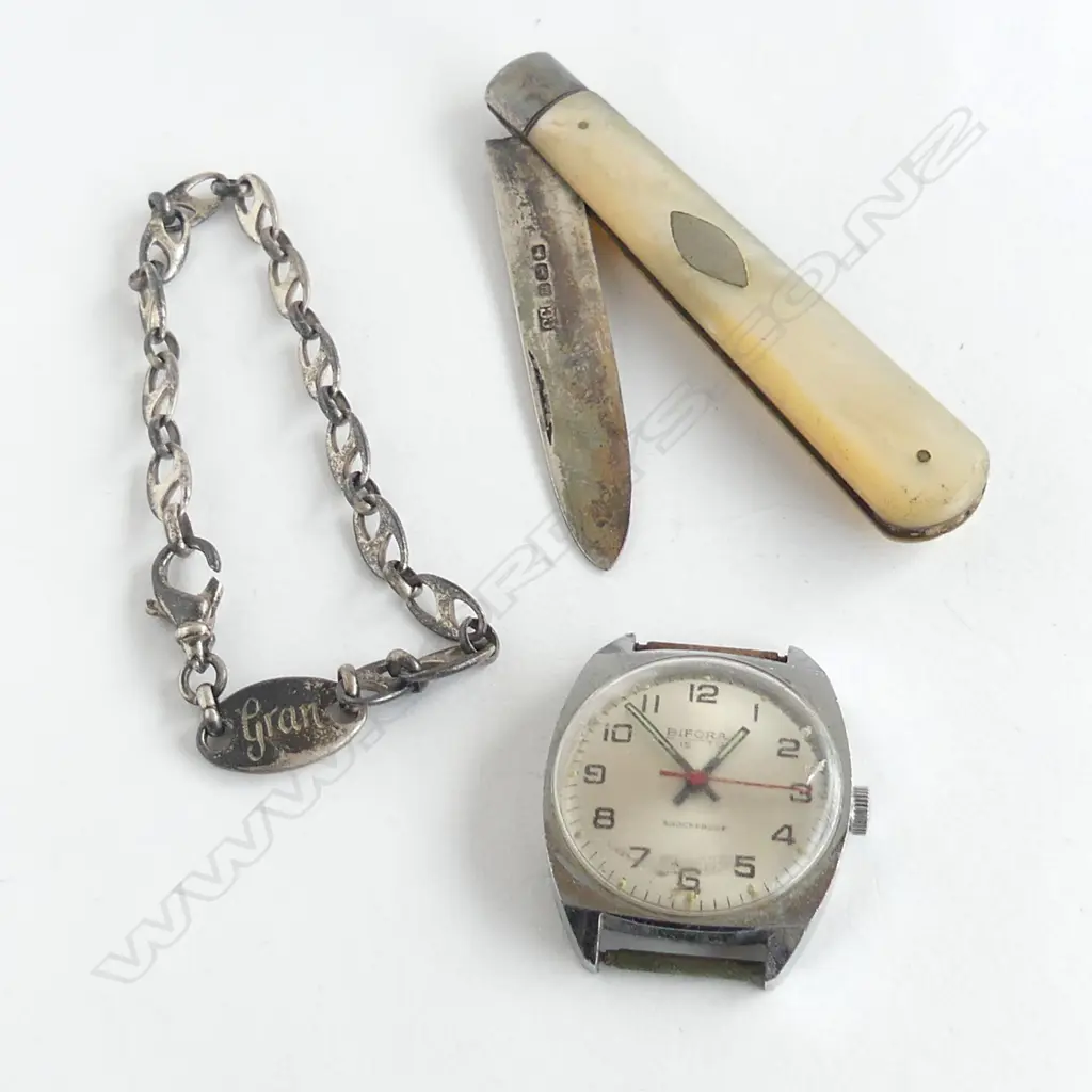 Birmingham 1886 SILVER & MOP POCKET KNIFE + SILVER BRACELET 'GRAN' + GENT'S WATCH BIFORA WRISTWATCH no bracelet Image 1++