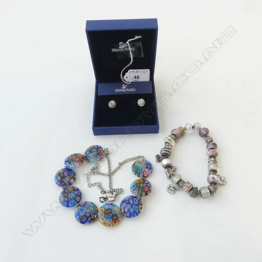 3 PCES JEWELLERY; NECKLACE, CHARM BRACELET, PR OF SWAROVSKI EARRINGS Image 1++