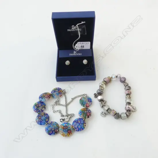 3 PCES JEWELLERY; NECKLACE, CHARM BRACELET, PR OF SWAROVSKI EARRINGS