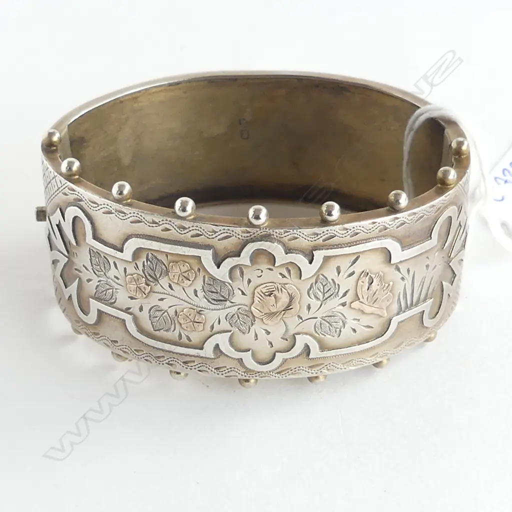 Birmingham 1884 SILVER FANCY HINGED BANGLE (Victorian) gold highlights 30gms Clasp edge needs repair Image 1++