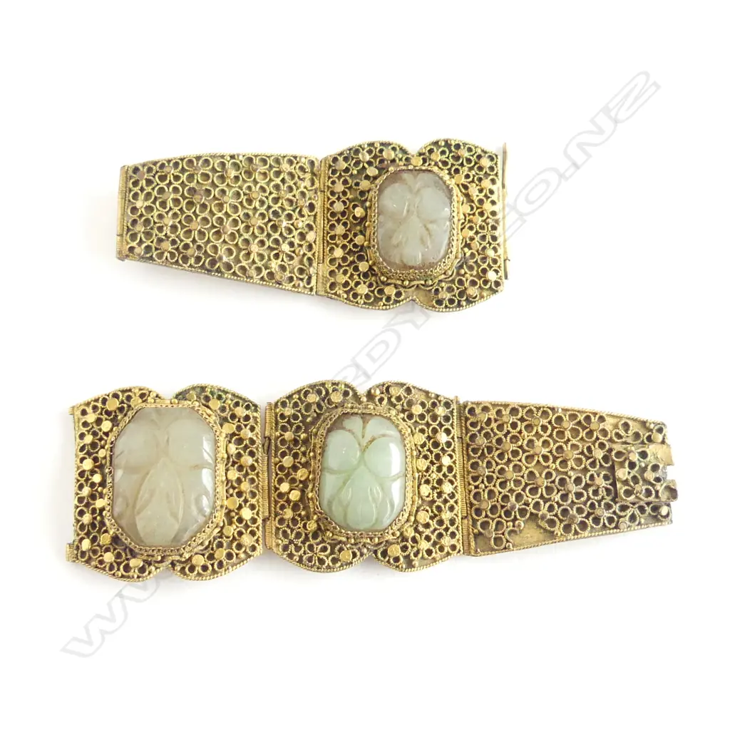 VINTAGE CHINESE JADE GILDED FILIGREE BRACELET, LINK NEEDS REPAIR Image 1++