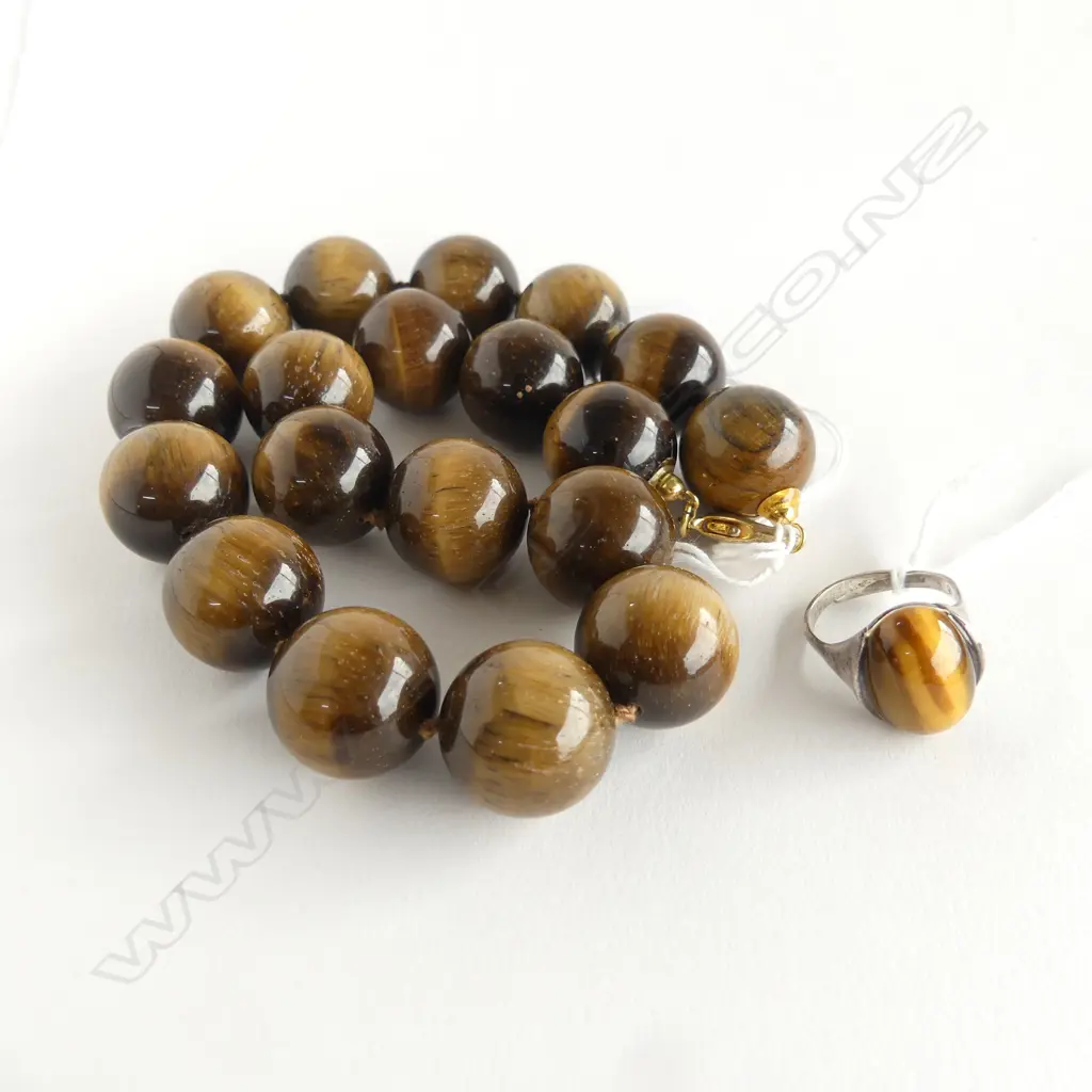 TIGER EYE BEAD NECKLACE, HANDKNOTTED, BEADS W.20mm & SILVER & TIGER EYE RING  SIZE R Image 1++