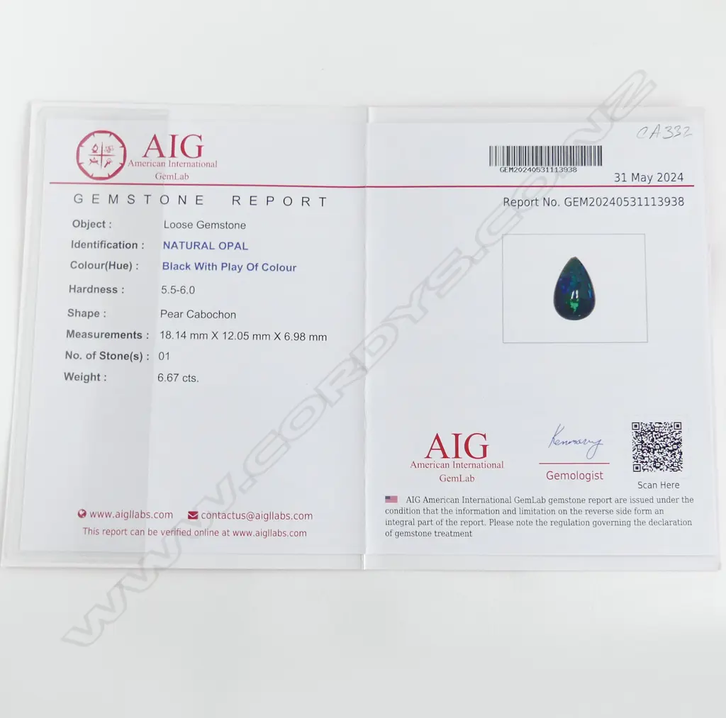 BLACK OPAL PEAR CABOCHON 6.67ct, AIG REPORT (faults) Image 1++