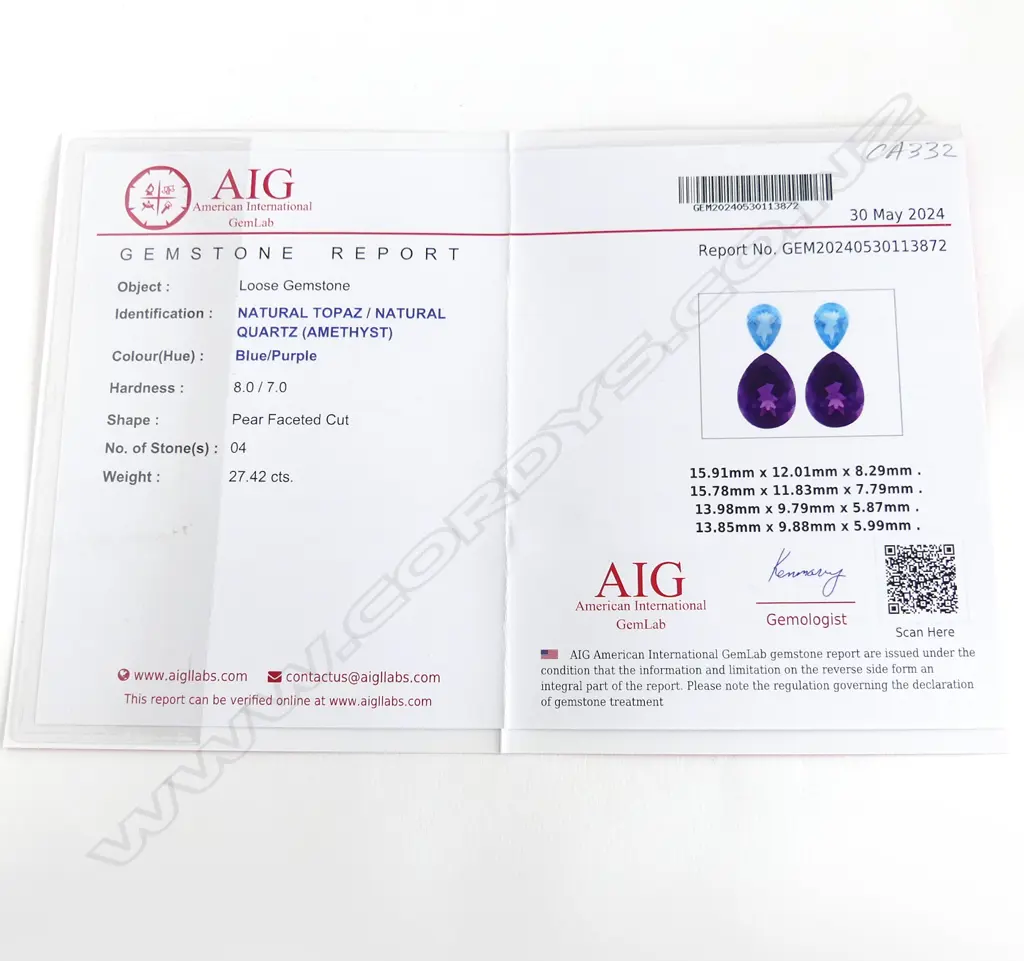 4 STONES; NATURAL BLUE TOPAZ & AMETHYST PEAR FACETED CUT 27.42cts, AIG REPORT Image 1++