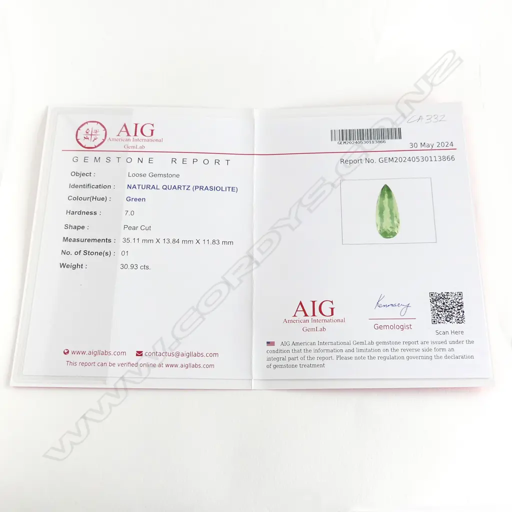 NATURAL GREEN QUARTZ FACETED PEAR CUT 30.93ct, AIG REPORT Image 1++